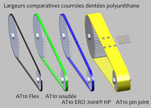 Comparaison de largeurs sur des courroies dentées en polyuréthane